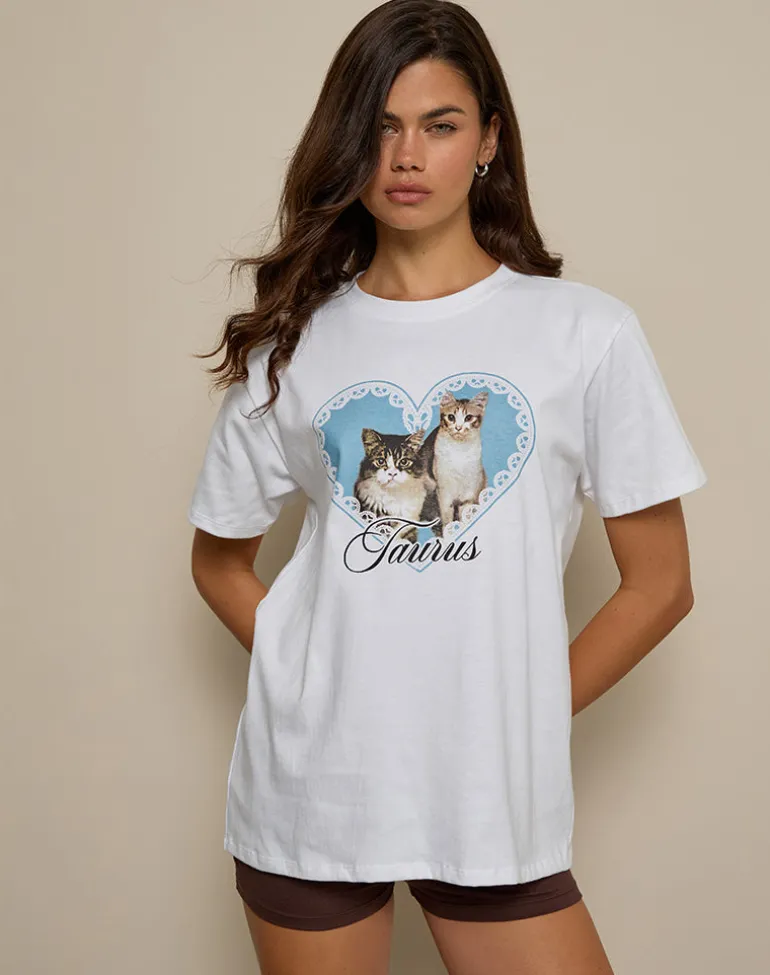 Oversize Basic Tee in White with Taurus Motel Pet Print
