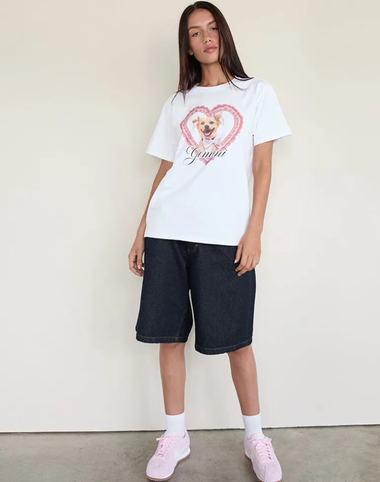 Oversize Basic Tee in White with Gemini Motel Pet Print