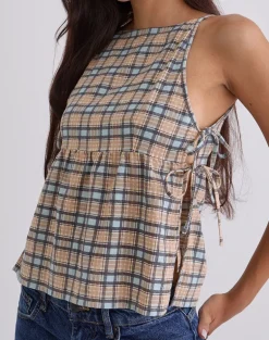 Palsi Loose Sleeveless Top in Pastel Blue Tartan