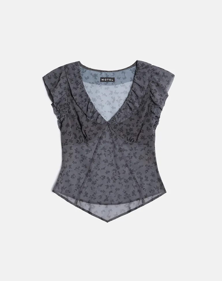 Paquita Top in Chiffon Minimal Flower Dark Grey