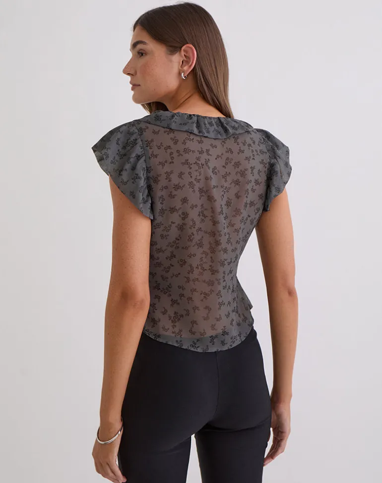 Paquita Top in Chiffon Minimal Flower Dark Grey