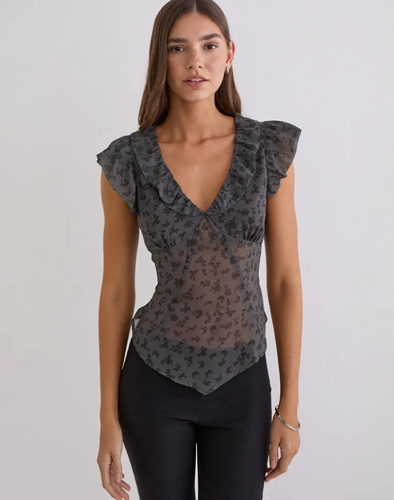 Paquita Top in Chiffon Minimal Flower Dark Grey