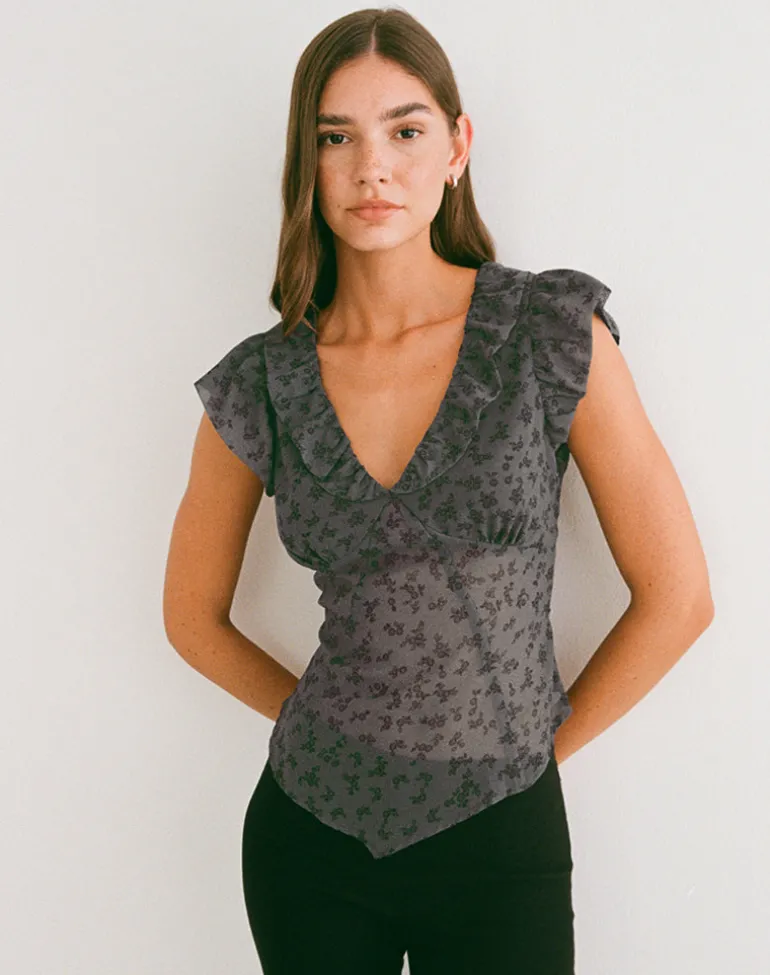 Paquita Top in Chiffon Minimal Flower Dark Grey
