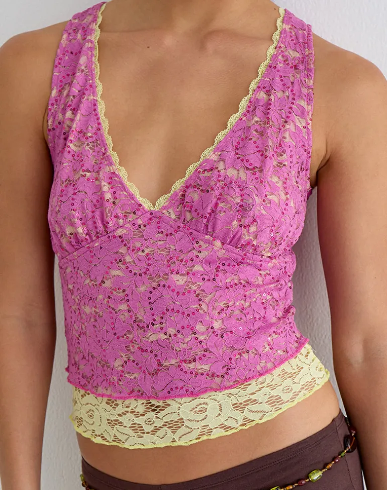 Perai Top in Double Layer Sequin Lace Lime and Pink