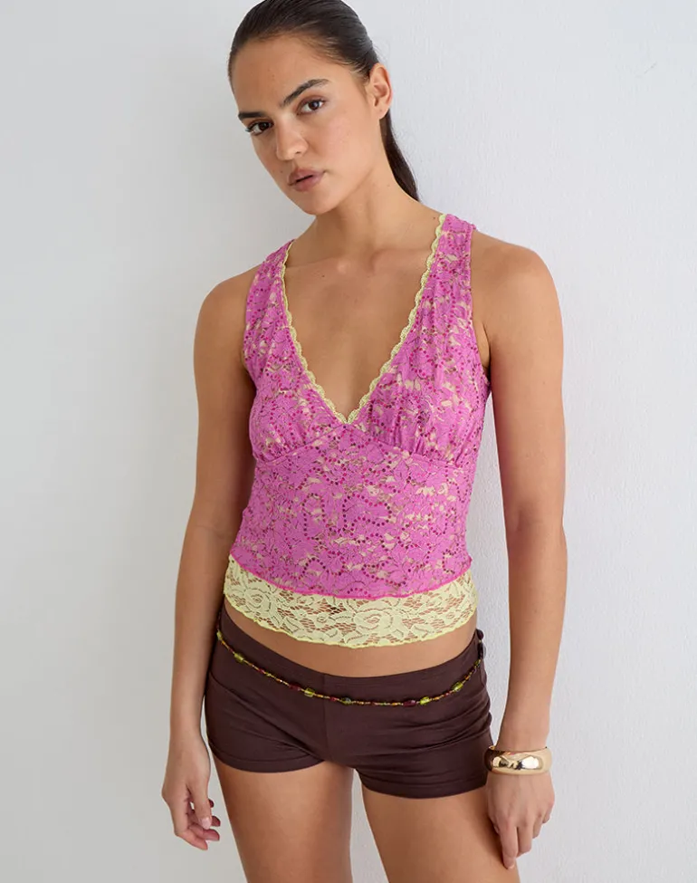 Perai Top in Double Layer Sequin Lace Lime and Pink