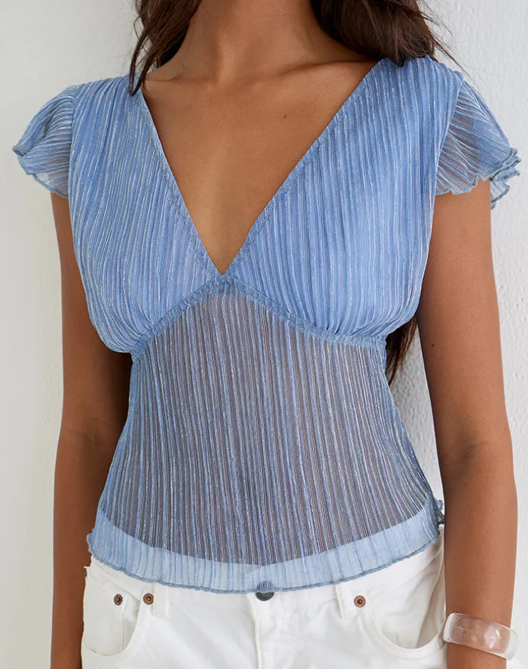 Pharita V Neck Top in Plisse Blue