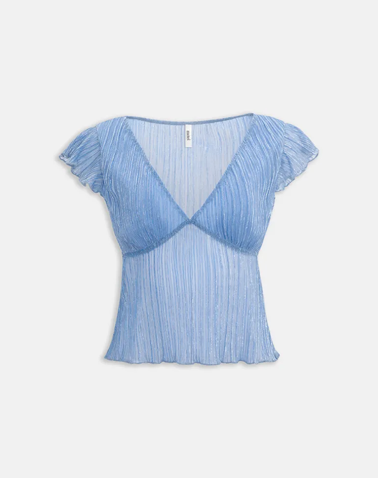 Pharita V Neck Top in Plisse Blue