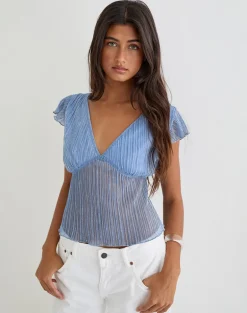 Pharita V Neck Top in Plisse Blue
