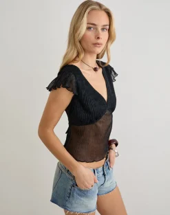 Pharita V Neck Top in Plisse Black