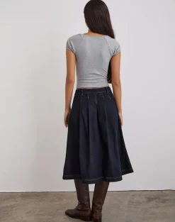 Pleated Midi Denim Skirt in Indigo