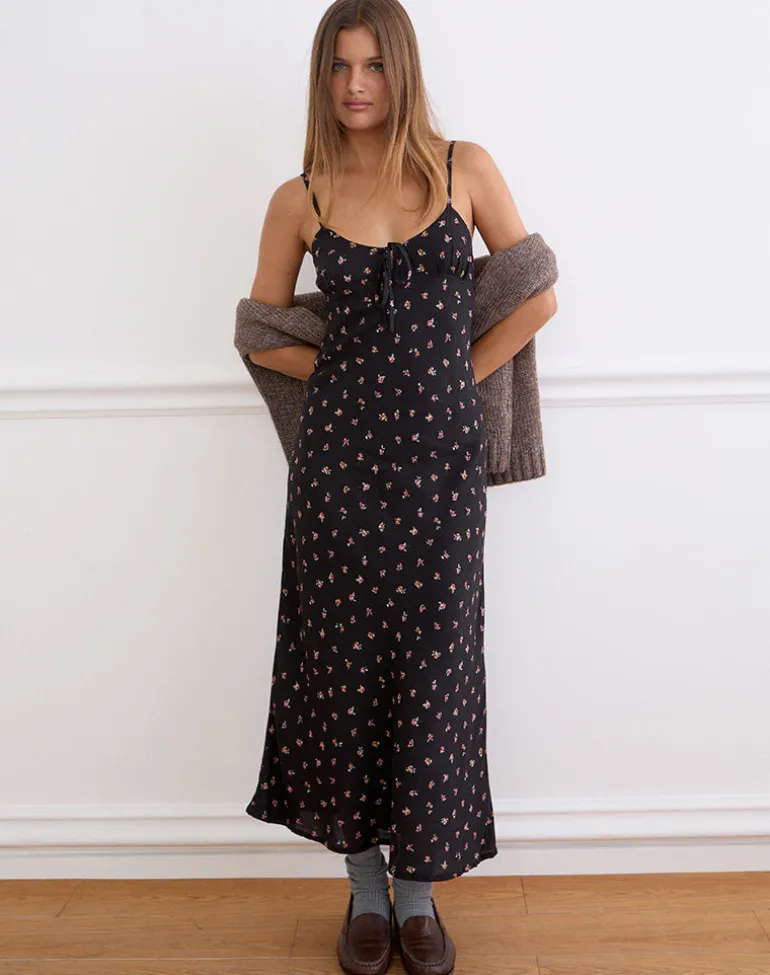 Posine Maxi Dress in Black with Red Rose Ditsy Print