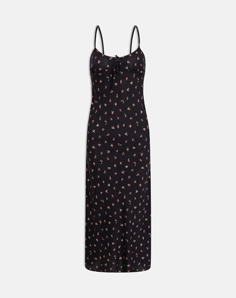 Posine Maxi Dress in Black with Red Rose Ditsy Print