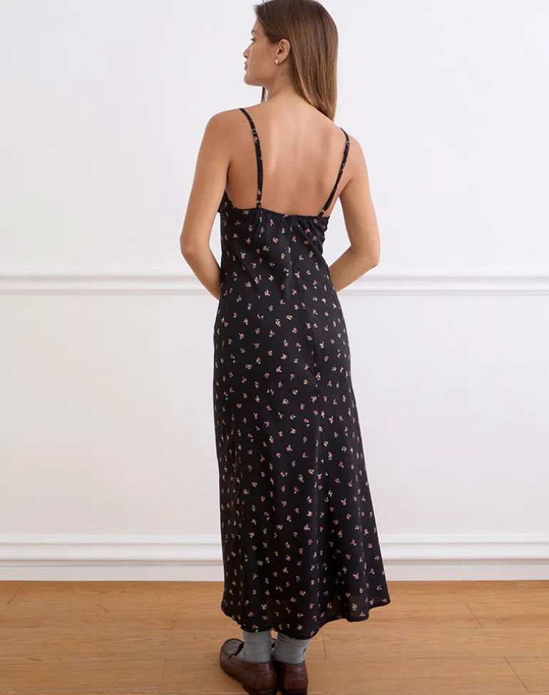 Posine Maxi Dress in Black with Red Rose Ditsy Print