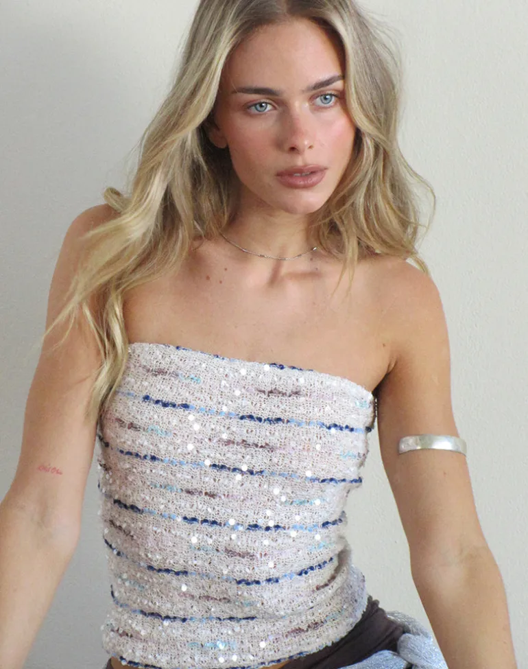 Prana Bandeau Top in Knit Sequin Cream Blue