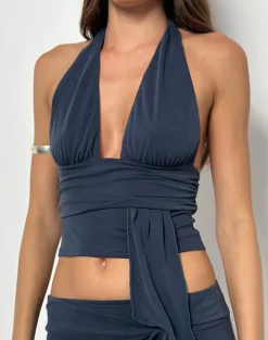 Prilla Halterneck Top in Cupro Ocean Storm