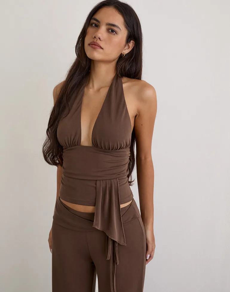 Prilla Halterneck Top in Cupro Dark Brown