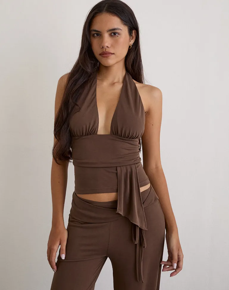Prilla Halterneck Top in Cupro Dark Brown