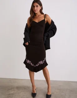 Quelin Midi Dress in Chocolate Brown with Rose Embroidery