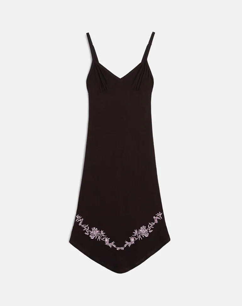 Quelin Midi Dress in Chocolate Brown with Rose Embroidery