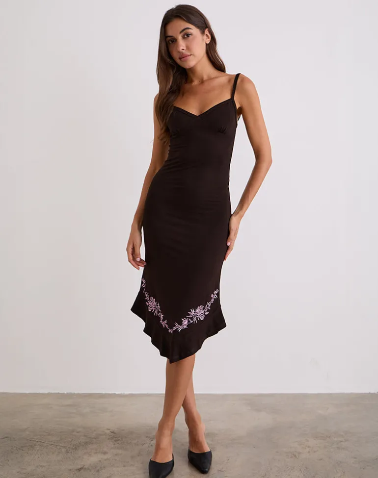 Quelin Midi Dress in Chocolate Brown with Rose Embroidery