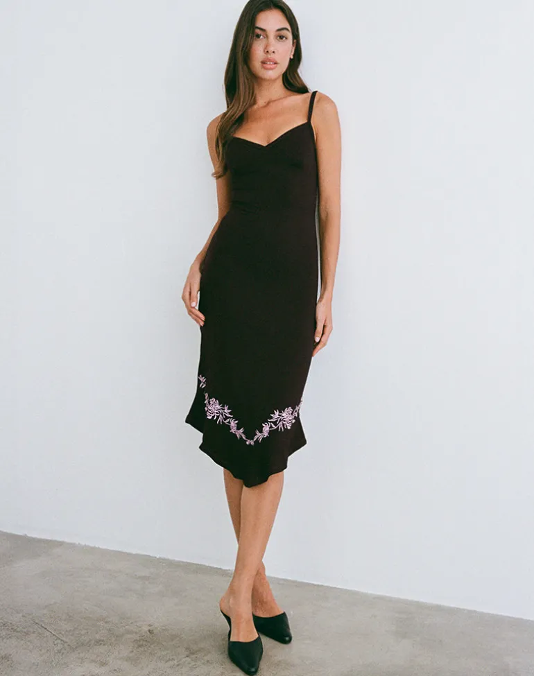 Quelin Midi Dress in Chocolate Brown with Rose Embroidery