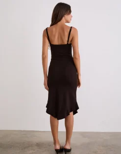 Quelin Midi Dress in Chocolate Brown with Rose Embroidery