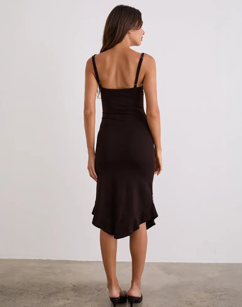Quelin Midi Dress in Chocolate Brown with Rose Embroidery