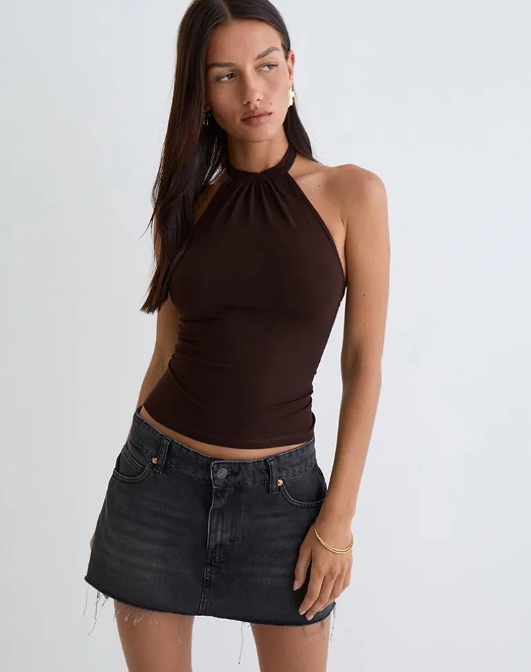 Raceline Halterneck Top in Rayon Jersey Chocolate Brown