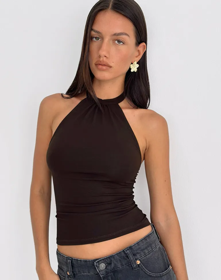 Raceline Halterneck Top in Rayon Jersey Chocolate Brown
