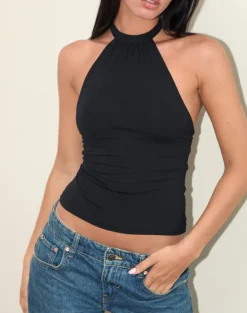 Raceline Halterneck Top in Rayon Jersey Black
