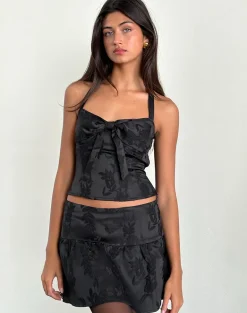 Raffita Mini Skirt in Satin Jacquard Black