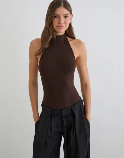Raleah Halterneck Bodysuit in Jersey Bitter Chocolate