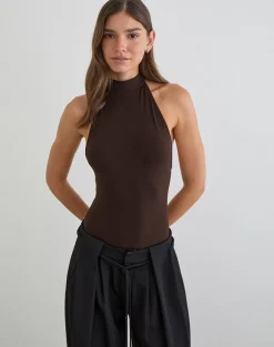 Raleah Halterneck Bodysuit in Jersey Bitter Chocolate