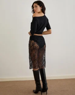 Ramona Midi Skirt in Sequin Lace Black