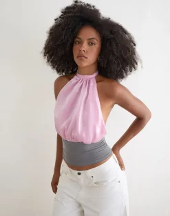 Rania Backless Top in Satin Organza Pink with Grey Contrast
