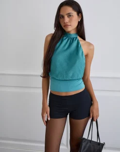 Rania Backless Top in Stripe Satin Teal