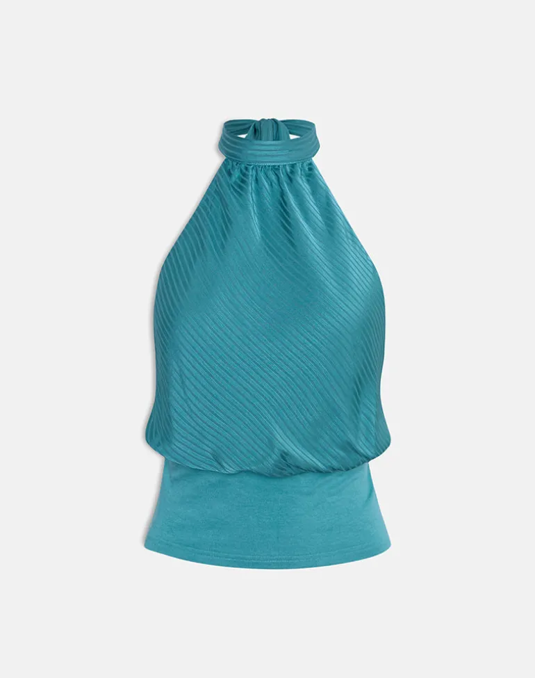 Rania Backless Top in Stripe Satin Teal