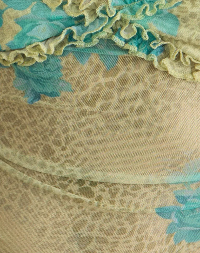 Ranita Ruffle Trim Cami Top in Green Blurred Jungle with Turquoise Rose