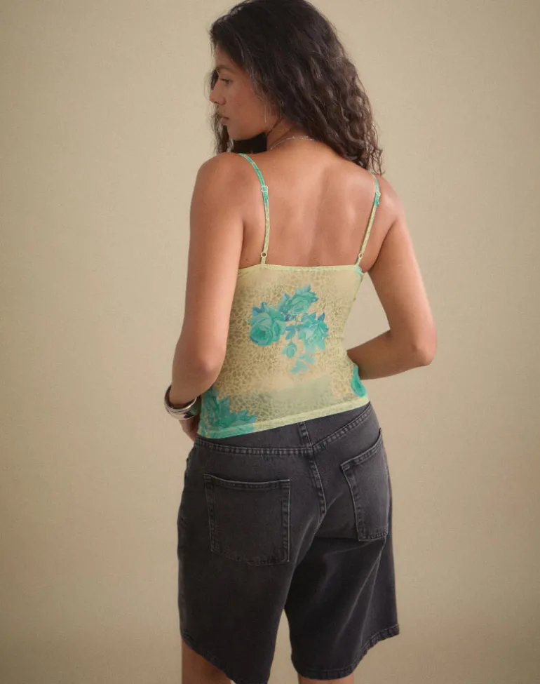 Ranita Ruffle Trim Cami Top in Green Blurred Jungle with Turquoise Rose