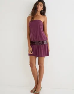 Ratana Bandeau Mini Dress in Cupro Deep Purple with Sequin Waistband