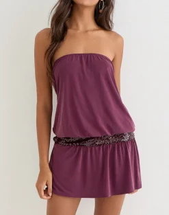 Ratana Bandeau Mini Dress in Cupro Deep Purple with Sequin Waistband
