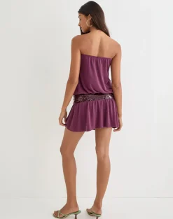Ratana Bandeau Mini Dress in Cupro Deep Purple with Sequin Waistband