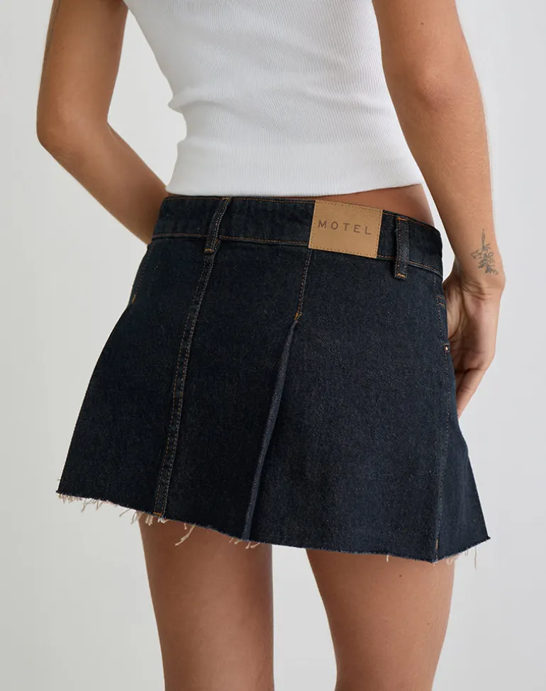 Raw Hem Denim Dart Mini Skirt in Indigo