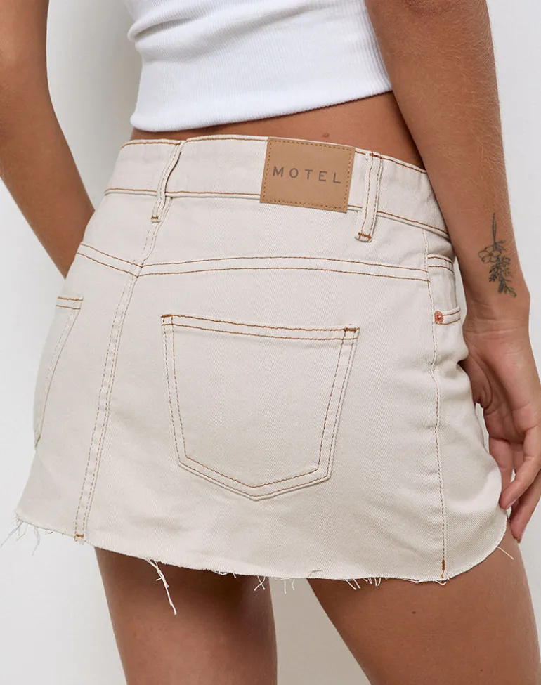 Raw Hem Denim Mini Skirt in Off White