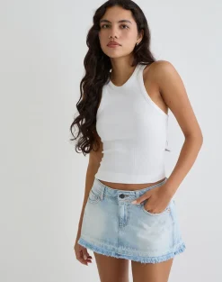 Raw Hem Low Rise Denim Mini Skirt in Icy Blue