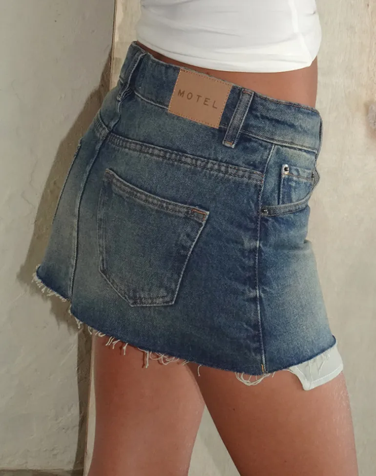 Raw Hem Mini Skirt in Steel Blue with Pockets