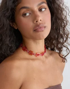 Red and Pink Square Beaded Necklace