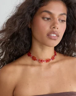 Red and Pink Square Beaded Necklace