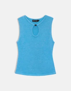 Reita Keyhole Top with Bead in Knit Blue