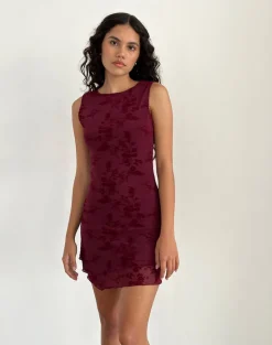 Renata Mini Dress in Flocked Botanical Flower Maroon